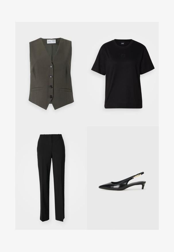 Maslinasto zelena bezrukavna prsluk od teksturiranog materijala, s V-izrezom, pet crnih dugmadi i dva prednja džepa.; Crna pamučna majica s okruglim izrezom, kratkim rukavima i izvezenim logotipom na prsima. Jednostavan, opušten kroj bez uzorka.; Crne krojene hlače ravnog kroja, s glatkom teksturom i oštrim pregibima naprijed. Bez vidljivih metalnih dijelova.; Crne kožne sandale s petom, s izduženim vrhom, imaju usku petu i zlatni akcent na podesivoj traci. Glatka tekstura.