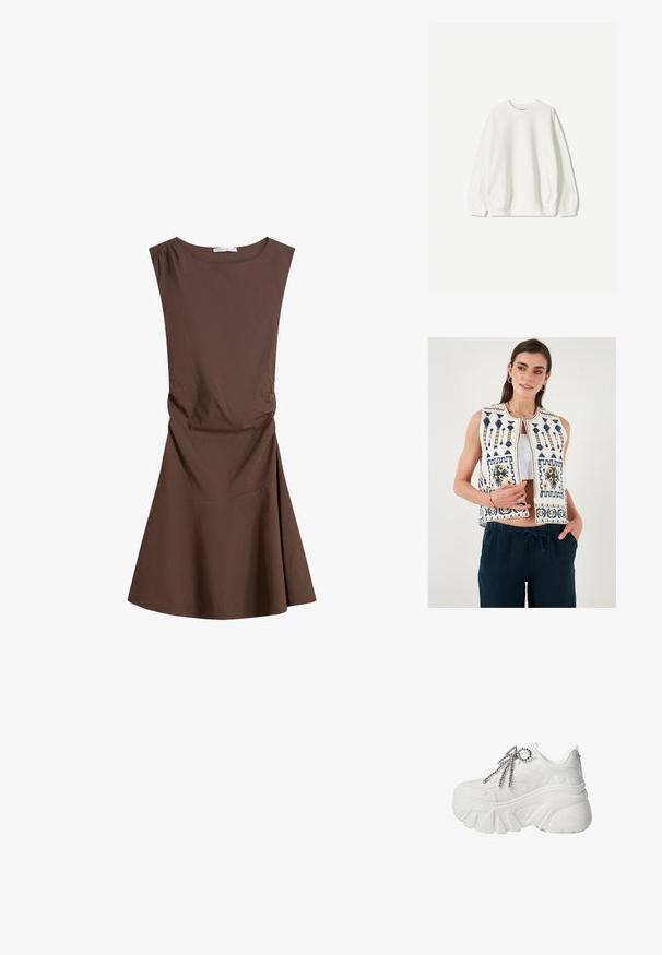 Vesta brodată albă cu motive albastre și galbene, design fără mâneci și deschidere frontală. Asortată cu pantaloni negri.; Bershka Bluză de molton - white; Rochie maro fără mâneci, cu lungimea până la genunchi, decolteu rotund și ușoară fronuire laterală, cu fustă evazată pe fundal alb simplu.; Adidași cu talpă înaltă din material sintetic alb, având o talpă groasă, un design texturat și șireturi metalice argintii.; Geantă de umăr din piele de vacă maro și crem, cu o bandă din piele netedă, închidere cu fermoar și o suprafață moale, texturată, cu un model natural.