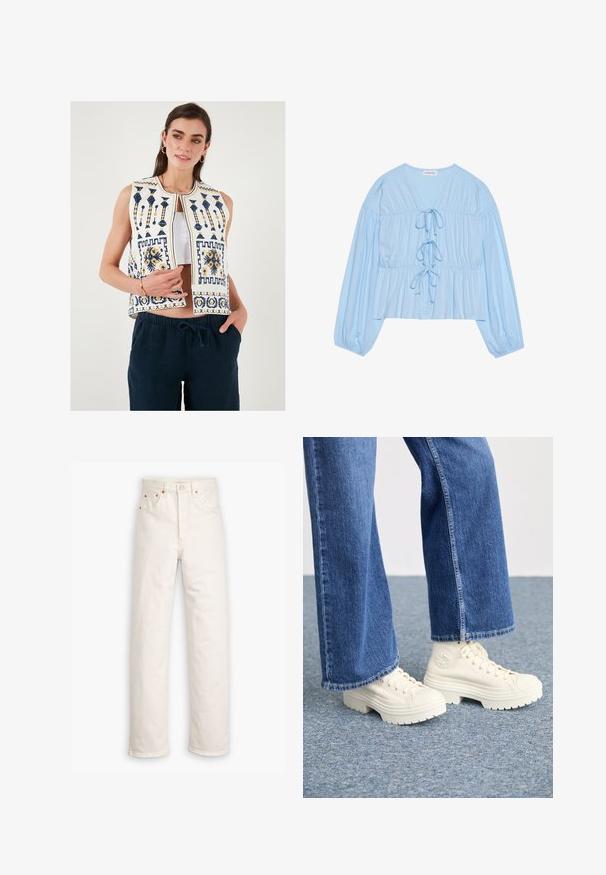 Bela vezenina brezrokavnik z mornarsko modrimi in rumenimi vzorci, zasnova brez rokavov in sprednjim zapiranjem. V kombinaciji s temno modrimi hlačami.; Svetlo modra bluza z dolgimi rokavi, izdelana iz mehkega blaga, z V-izrezom, detajli z vrvico in nabranim pasom za sproščen kroj.; Bela denim kavbojke s ravnim krojem, petimi žepi in bakrenimi dodatki. Neobdelani robovi na gležnjih.; Bele zimske superge z debelimi, rebrastimi podplati in krožnim logotipom, oblečene z svetlo modrimi, širokimi kavbojkami.