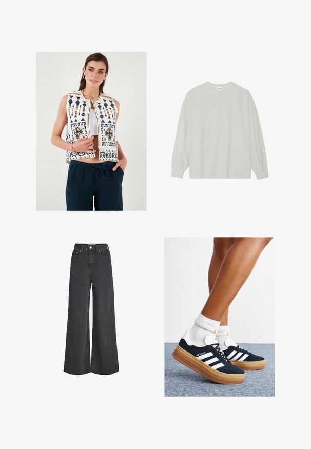Bela vezenina brezrokavnik z mornarsko modrimi in rumenimi vzorci, zasnova brez rokavov in sprednjim zapiranjem. V kombinaciji s temno modrimi hlačami.; Svetlo siva majica s dugim rukavima izrađena od mekog pamuka. Ima slobodan kroj, okrugli izrez i blago nabrane manžetne. Bez uzoraka ili grafike.; Visoko pasovane črne široke hlače iz džinsa z gumbom in zadrgo spredaj, petimi žepi in surovim robom.; Črni antilop superge z belimi črtami in poudarki, okrogel prst, gumijasti podplat, kombinirane z belimi rebrastimi nogavicami.