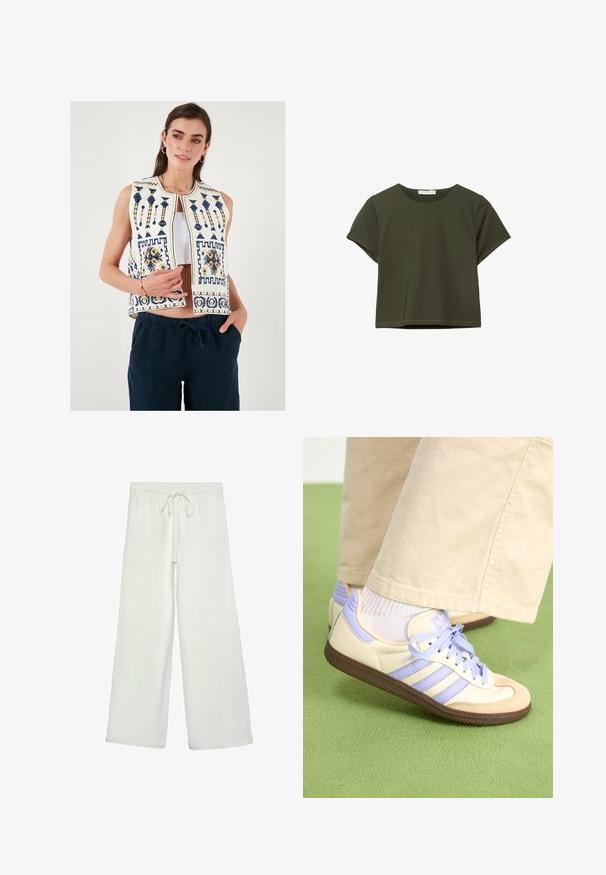 Biała haftowana kamizelka z granatowymi i żółtymi wzorami, bez rękawów, z zapięciem z przodu. Połączona z ciemnoniebieskimi spodniami.; Oliwkowa krótka koszulka z krótkim rękawem, w fasonie cropped, z okrągłym dekoltem, wyeksponowana na białym tle.; Białe spodnie o szerokich nogawkach wykonane z miękkiego materiału. Posiadają elastyczny pas ze sznurkiem i gładką teksturę. Brak widocznych wzorów lub elementów metalowych.; Kremowe i lawendowe trampki z trzema paskami oraz teksturowaną brązową podeszwą, wyposażone w sznurówki i wyścieloną piętę. Górna część z miękkiego materiału.