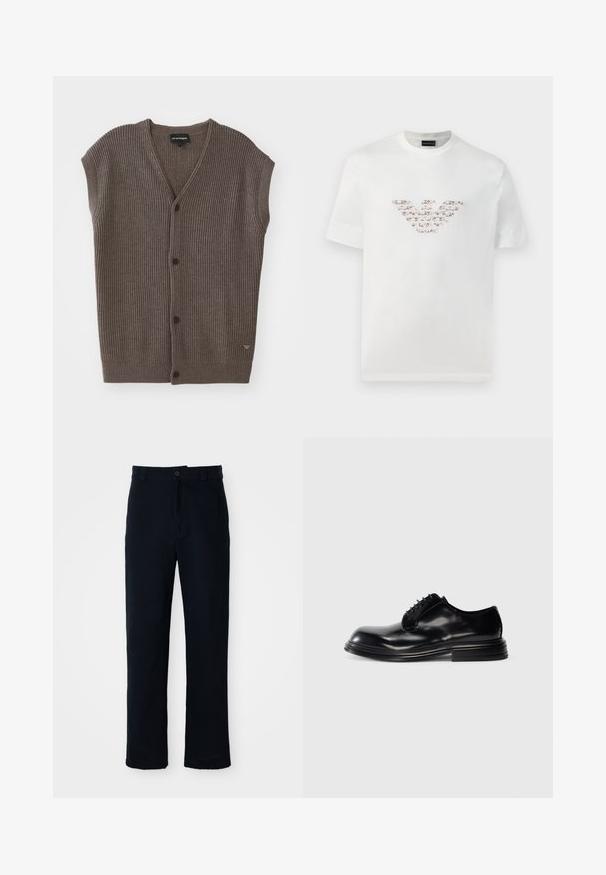 Rjava rebrasta brezrokavnika z V-izrezom, petimi gumbi spredaj in majhnim logotipom na spodnji strani.; Bela bombažna majica s kratkimi rokavi in okroglo izrezom. Ima osrednji logotip v rožnati in rjavi barvi.; Temno modri hlače iz bombaža, s ravnim krojem, sprednjim gumbom in klasičnim pasom z zankami za pas.; Črna usnjena obutev za moške z zaobljenim nosom, gladko površino, vezalnim dizajnom in slojenim peto. Minimalističen stil brez vidnih logotipov.
