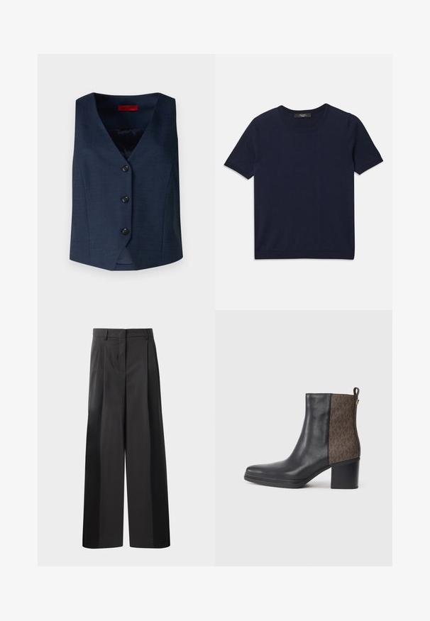 Mornarsko plava bezrukava prsluk s dubokim V-izrezom, koji sadrži četiri crna gumba i glatku, teksturiranu završnu obradu.; Tamnoplava majica kratkih rukava od mekog materijala, s okruglim izrezom i rebrastim rubovima, glatke teksture i bez vidljivih uzoraka.; Crne široke hlače s visokim strukom, s prednjim nabranim detaljima, glatkom teksturom i krojenim završetkom. Dizajnirane za opušteni kroj.; Crne kožne gležnjače s teksturiranim smešnim uzorkom sa strane, blok potpeticom i petljom za lakše obuvanje.