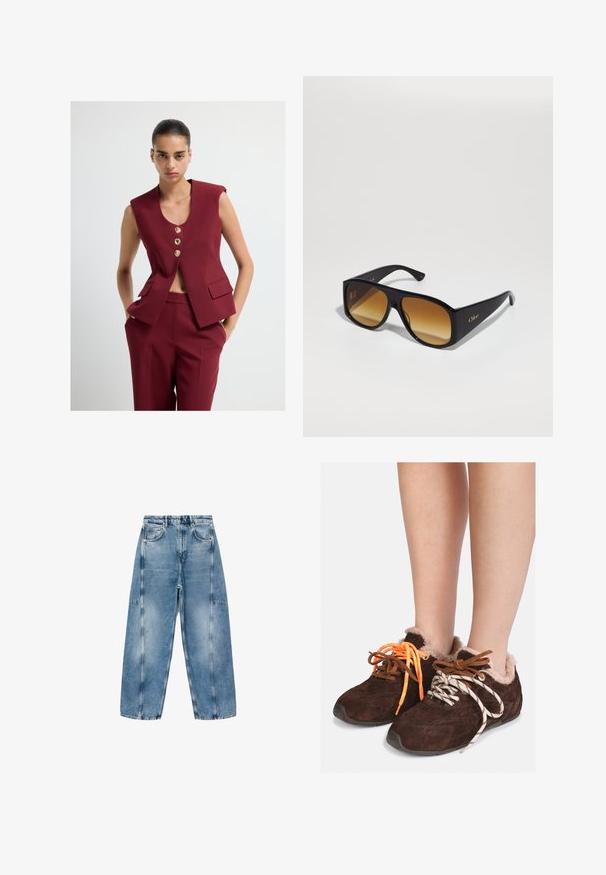 Bordowa bezrękawnik z trzema złotymi guzikami, dekoltem w kształcie litery V i dwiema przednimi kieszeniami, w komplecie z dopasowanymi spodniami.; Szary krótkostrzyżony sweter wykonany z miękkiego, puszystego materiału. Posiada długie rękawy i okrągły dekolt, z gładką, lekką teksturą.; Biała koszulka z krótkim rękawem, wykonana z miękkiej bawełny, z okrągłym dekoltem i luźnym krojem z podwiniętymi detalami. Bez wzorów ani akcentów.; Jasnoniebieskie dżinsy charakteryzują się luźnym krojem, dużymi kieszeniami i kontrastowym przeszyciem. Materiał ma wyblakłe wykończenie o gładkiej teksturze.; Brązowe zamszowe buty wsuwane z futrzanym wykończeniem noszone na gołych stopach, z niedopasowanymi sznurówkami: jedna pomarańczowa i jedna biała w czarne paski.; Czarne prostokątne okulary przeciwsłoneczne z brązowymi gradientowymi soczewkami. Wykonane z tworzywa sztucznego, z gładką powierzchnią i subtelnym złotym logo na zausznicy.