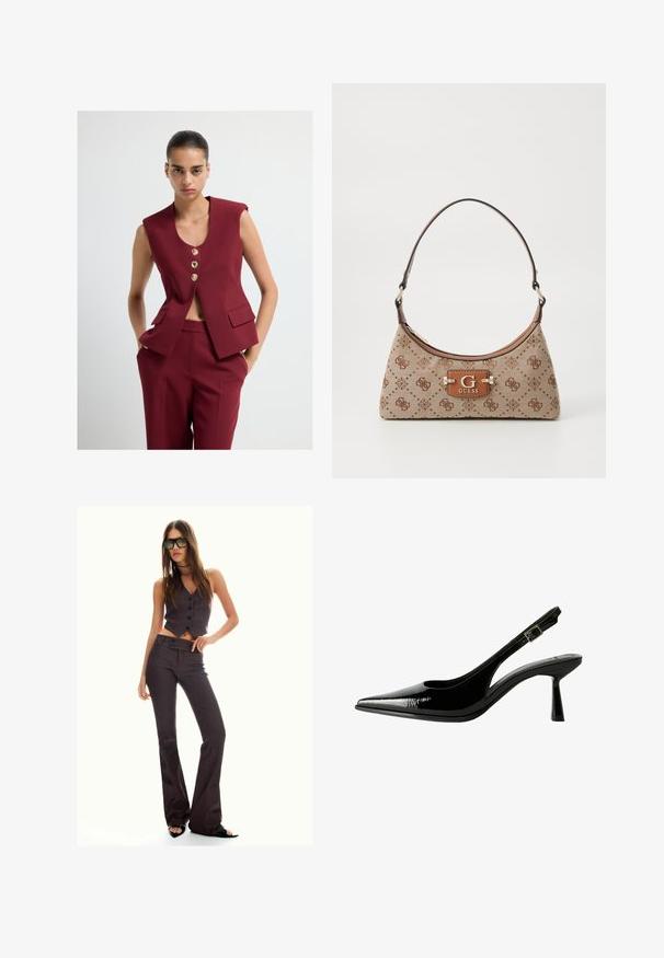 Burgundy bezrukávový blazer se třemi zlatými knoflíky, výstřihem do V a dvěma předními kapsami, spárovaný s odpovídajícími kalhotami na míru.; Bílý dlouhý rukáv top s lodičkovým výstřihem. Vyroben z měkkého materiálu, má zvonové rukávy a rovný lem, nabízí jednoduchý a univerzální design.; Hnědý pruhovaný zkrácený vest a rozšířené kalhoty, s knoflíky a texturovanou látkou. Černé otevřené boty na podpatku a oversized sluneční brýle.; Černé lakované kožené lodičky na podpatku s špičatou špičkou, výřezy na stranách, nastavitelným páskem kolem kotníku a tenkým, elegantním podpatkem.; Plátěná taška v béžové barvě s hnědými vzorovanými akcenty. Má zakřivený tvar, jeden popruh a na přední straně logovou destičku se stříbrným kováním.