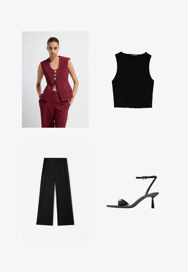 Burgundy ilman hihoja oleva bleiseri, jossa on kolme kultaa nappia, V-muotoinen kaula-aukko ja kaksi etutaskua, yhdistettynä samansävyisiin räätälöityihin housuihin.; Musta hihaton crop-top, joka on valmistettu sileästä kankaasta, jossa on pyöreä kaula-aukko ja siisti, yksinkertainen muotoilu ilman kuvioita tai varusteita.; Bershka WIDE - Housut - black; Bershka Korolliset sandaalit - black