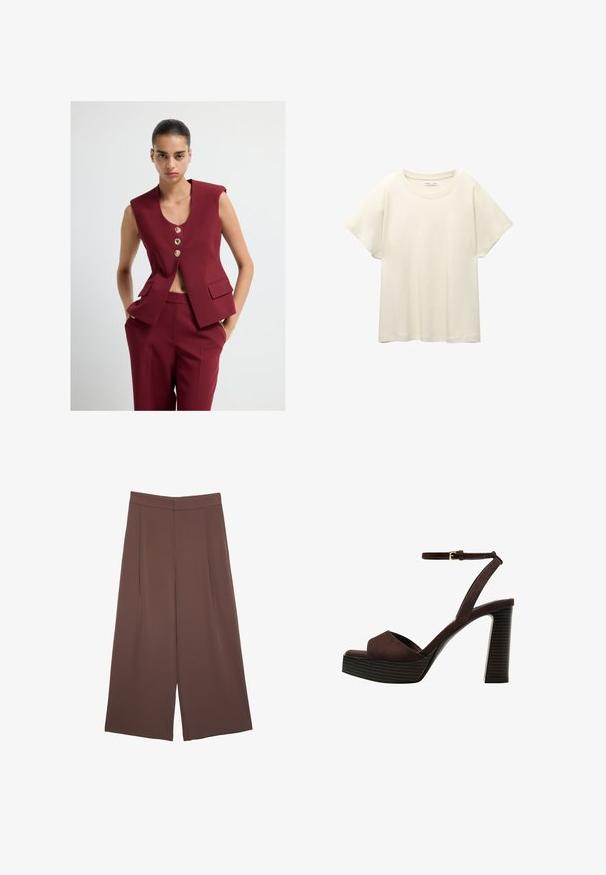 Burgunderfarbener ärmelloser Blazer mit drei goldenen Knöpfen, V-Ausschnitt und zwei vorderen Taschen, kombiniert mit passenden taillierten Hosen.; Helles beige T-Shirt mit kurzen Ärmeln und Rundhalsausschnitt, aus weichem, glattem Stoff gefertigt. Verfügt über eine lockere Passform und einen geraden Saum.; Braune Weite-Leg-Hosen mit einer glatten Textur, hoher Taille und Vorderfalten. Der Stoff ist leicht und fällt locker.; Braune Wildleder-Pumps mit offenem Zeh, verstellbarem Knöchelriemen und gestreiftem Plateausohlen.