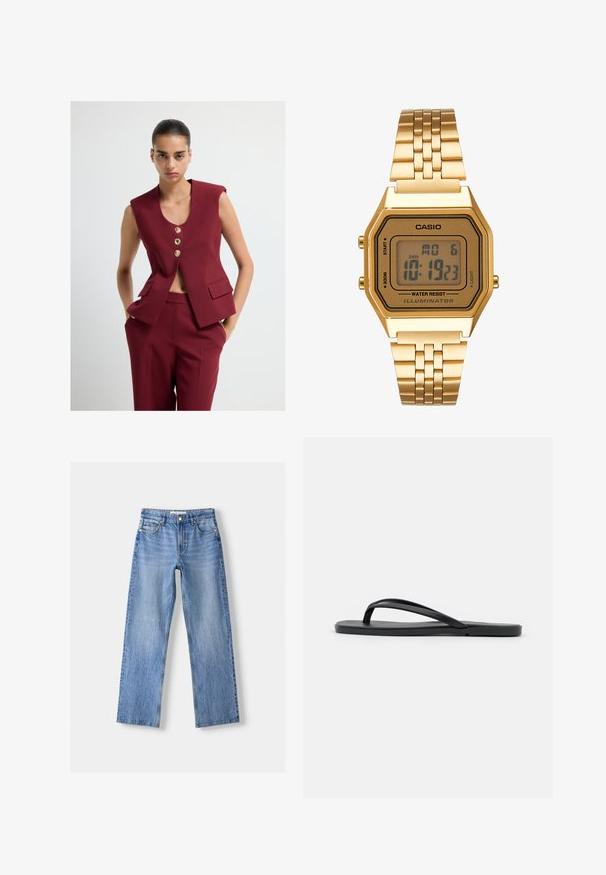 Bordowa bezrękawnik z trzema złotymi guzikami, dekoltem w kształcie litery V i dwiema przednimi kieszeniami, w komplecie z dopasowanymi spodniami.; Czarny prążkowany top na ramiączkach z wysokim dekoltem i bez rękawów. Posiada dopasowany fason i miękką teksturę.; Jasnoniebieskie dżinsy o prostym kroju, z pięcioma kieszeniami, z przodem zapinanym na guzik oraz delikatnym przetarciem dla dodania tekstury.; Czarne klapki o minimalistycznym designie z płaską podeszwą, wąskimi paskami i gładką fakturą. Brak dodatkowych wzorów lub akcentów.; Złoty zegarek cyfrowy z prostokątną tarczą, wyświetlaczem LCD, stalową bransoletą i przyciskami po bokach. Posiada oznaczenie wodoodporności.