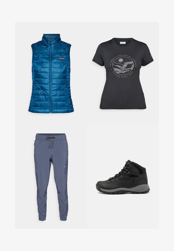 Vadderad blå väst med hög krage, blixtlås och sidofickor. Har ett logotyp märke på bröstet. Slät, glänsande tyg med fyrkantig quiltning.; Svart Columbia-t-shirt med vit cirkulär linjekonst av berg och flod samt texten "Columbia Sportswear Company Outside Since 1938."; Patagonia TERREBONNE JOGGERS - Friluftsbyxor - smolder blue; Svart vandringskänga med mellanhög design, som har en texturerad överdel, grå accenter och en slitstark gummisula med greppklackar.