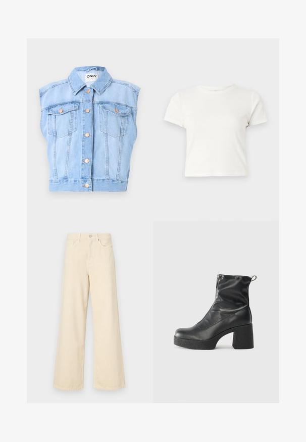 Colete de ganga, azul claro, design sem mangas, gola pontuda, duas bolsas frontais com fechos de botão e detalhes em tom cobre.; T-shirt branca curta feita de algodão, com mangas curtas, um decote redondo e uma bainha reta, apresentando uma textura suave e um design minimalista.; Jeans de perna larga bege feitos de algodão. Apresentam um fecho de botão, passadores para cinto e bolsos frontais com uma textura lisa e suave.; Botas de tornozelo pretas feitas de couro liso, com fecho lateral, salto grosso texturizado e design de bico arredondado.