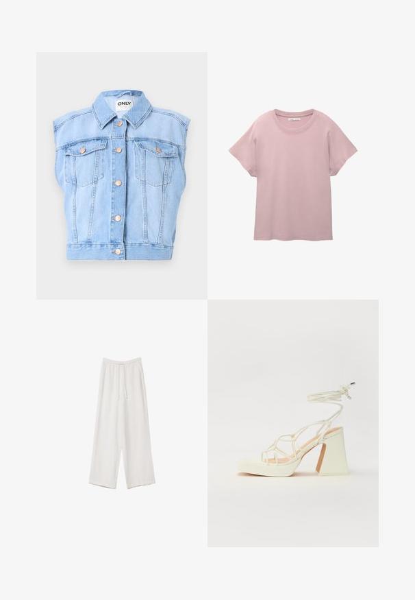 Denimli yelek, açık mavi, kolsuz tasarım, sivri yaka, iki ön cebi buton kapaklı ve bakır tonlu detaylarla.; Vaaleanpunainen lyhythihainen t-paita, joka on valmistettu sileästä puuvillasta. Ominaisuuksiin kuuluu pyöreä kaula-aukko ja rento istuvuus, sekä suora helma.; Valkoiset leveälahkeiset housut kevyestä kankaasta. Ominaisuuksiin kuuluu elastinen vyötärö, jossa on nauhakuuluma ja sivutaskut. Sileä rakenne.; Valkoinen korkokenkä, jossa on paksu korko, ja joka sisältää nauhakiinnityksen ja nilkkaketjun. Sujuva pinta, jossa on platform-etupohja lisäkorkeutta varten.