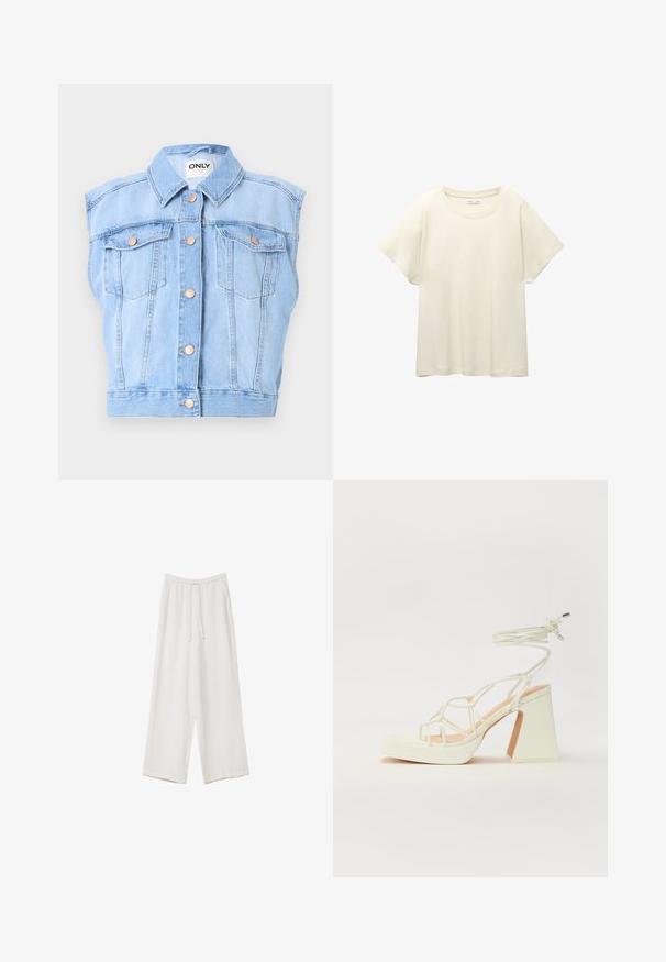 Traper prsluk, svijetloplave boje, bez rukava, s oštrim kragnom, dva prednja džepa s kopčama na dugmad i mjedenim detaljima.; Svijetlo bež majica kratkih rukava s okruglim izrezom, izrađena od meke, glatke tkanine. Karakterizira je opušteni kroj i ravni rub.; Bijele hlače širokih nogavica napravljene od lagane tkanine. Imaju elastičan pojas s ušicom i bočne džepove. Glatka tekstura.; Bijela sandala na visokoj potpetici s debelim petom, s remenom i vezanjem oko gležnja. Glatka tekstura s platformom sprijeda za dodatnu visinu.