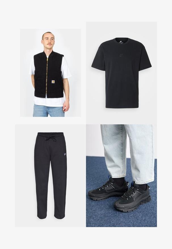 Svart ärmlös väst i bomull, med en dragkedja fram och två framfickor. Guld dragkedjespänne och en logotyppatch på vänster ficka.; Svart t-shirt i bomull från Nike med klassisk rund halsringning, korta ärmar och en diskret, präglad logotyp på bröstet. Slät textur.; Svarta träningsbyxor i mjukt tyg med elastisk midja, dragsko och en liten Nike-logotyp på vänster lår.; Svarta sportskor med texturerat tyg och gummisulor, med elastiska snörningar och en blå detalj på hälen. Bärs med ljusa jeans.