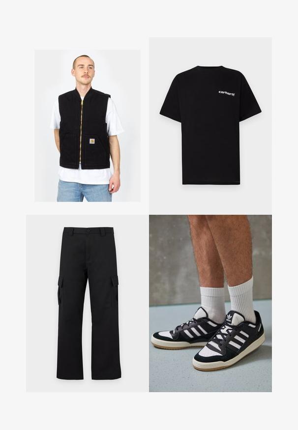 Sort ærmeløs vest lavet af bomuld, med en frontlynlås og to forlommer. Guld lynlåshardware og et logo patch på venstre lomme.; Sort bomulds-T-shirt med korte ærmer, rund halsudskæring og hvidt "Carhartt"-logo på venstre bryst. Glat tekstur, minimalistisk design.; Sorte cargo bukser med lige ben-design. Lavet af slidstærkt stof, med to sidelommer med klaplukninger og lukning med knap.; Sorte og hvide sneakers med en overdel i ruskind og læder, der har tre hvide striber, en perforeret tå og en sål i gummigummi.