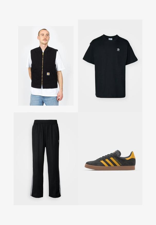 Musta hihaton liivi, joka on valmistettu puuvillasta, ja jossa on edessä vetoketju sekä kaksi etutaskua. Kultainen vetoketjun metalliosuus ja logo-patch vasemmassa taskussa.; Mustapuuterinen t-paita, jossa on pyöreä kaula-aukko ja lyhyet hihat. Vasemman rinnan alueella on pieni valkoinen Adidas-logo.; Mustat urheiluhousut, joissa on joustava vyötärö, valkoiset sivuraidat ja pieni logo. Materiaali näyttää pehmeältä ja kevyeltä.; Mustat samettiset tennarit, joissa on keltaisia yksityiskohtia, kolmonen raita ja ruskea kumipohja. Sisältää pehmustetun kielisen mukavuutta varten.