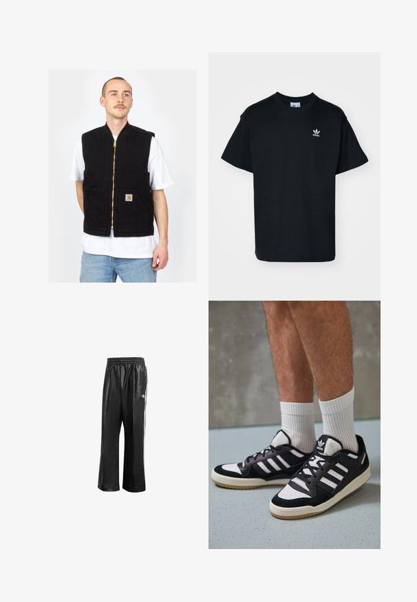 Černá bezrukávová vesta z bavlny, se zapínáním na zip vpředu a dvěma předními kapsami. Zlaté zipové doplňky a nášivka s logem na levé kapse.; Černé bavlněné tričko s kulatým výstřihem a krátkým rukávem, s malým bílým logem Adidas na levé části hrudi.; Černé syntetické sportovní kalhoty s elastickým pasem, se bílými postranními pruhy a malým bílým logem na levém boku.; Černobílé tenisky s vrchní částí z semišové a kožené kůže, včetně tří bílých pruhů, perforovaného špičky a podrážky z gumy.