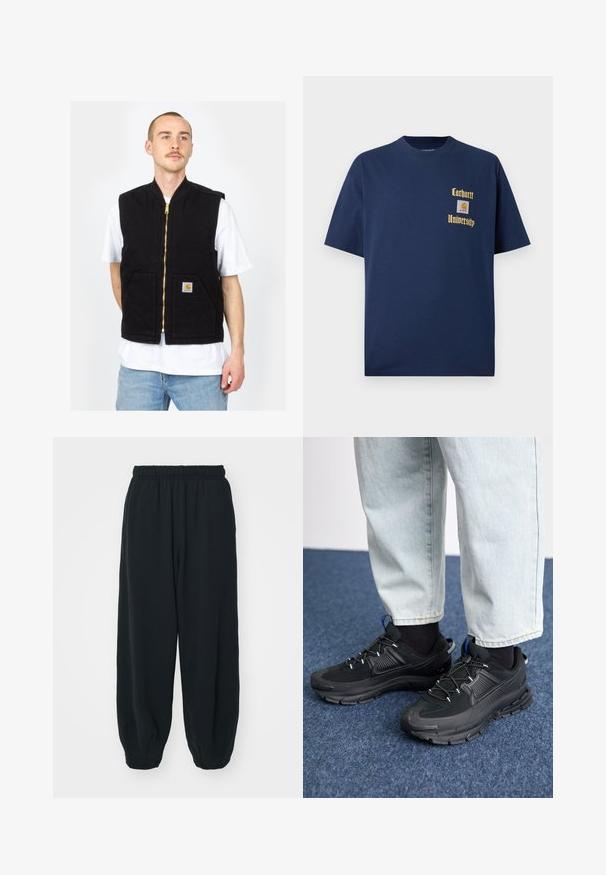 Melnas bezpiedurkņu veste, izgatavota no kokvilnas, ar priekšējo rāvējslēdzēju un divām priekšējām kabatām. Zelta rāvējslēdzēja aparatūra un logotipa uzlīme uz kreisās kabatas.; Tumši zila kokvilnas T-krekls ar īsām piedurknēm, ar zelta tekstu "Carhartt University" un logo uzšuvumu kreisajā krūtī.; Melnas sporta bikses ar elastīgu jostasvietu, brīvu piegriezumu, aprocēm ap potītēm, gludu tekstūru, un bez redzamām rakstu vai aparatūras akcentiem.; Melni sporta apavi ar strukturētu audumu un gumijas zoli, ar elastīgām auklām un zilu akcentu uz papēža. Nēsāti ar gaišām džinsu biksēm.