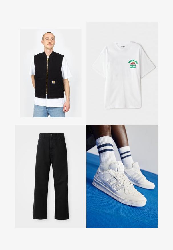 Fekete ujjatlan mellény, pamutból készült, elöl cipzárral és két elülső zsebbel. Arany cipzár alkatrészek és logóhímzés a bal zseben.; Fehér pamut póló, bal mellrészen zöld és piros grafikus felirattal, melyen az áll: "cashart Who Pronto Subito." Rövid ujjú.; Fekete farmernadrág egyenes szabással, elülső zsebekkel, cipzáras flyal és egy felső gombbal. Strukturált anyag matt felülettel.; Fehér bőr sportcipők perforált díszítéssel, három fényes csíkkal és texturált oldalpanellel. Fehér zoknival viselve, ami kék csíkos.