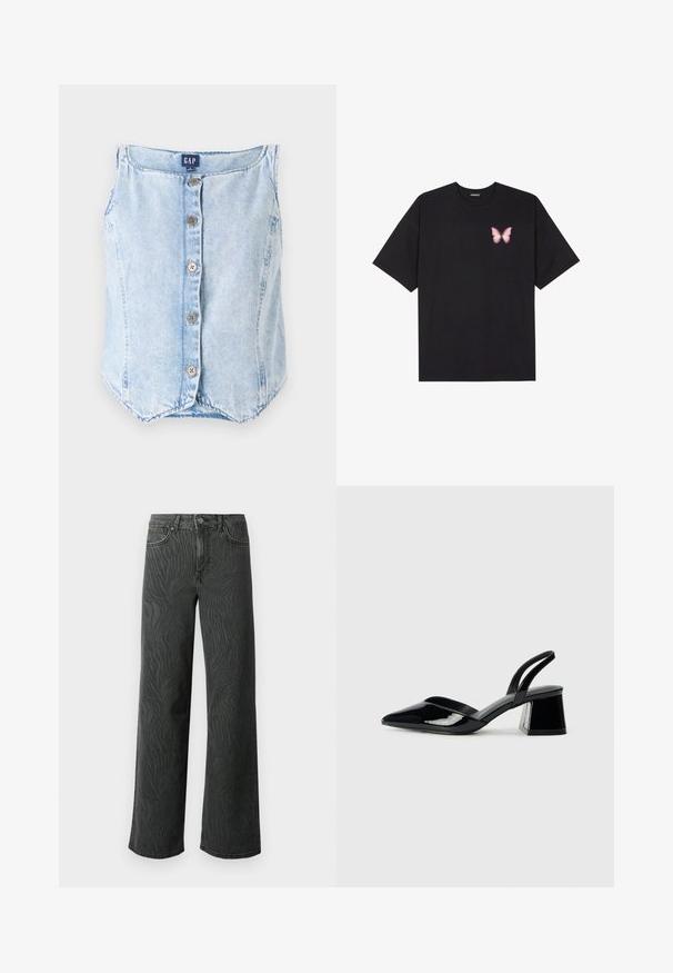 Lyseblå denim uten ermer med rund halslinje, fem knapper foran og buet nederkant for en avslappet passform.; Svart bomulls T-skjorte med korte ermer, med en liten rosa sommerfugl grafikk på venstre bryst. Crew-neck design med en avslappet passform.; Vide ben jeans i mørkegrå denim, med en subtil zebra-mønster tekstur, kontrast søm, og fem lommer med knappestol. ; Svarte patentlær slingback hæler med spiss tå og geometrisk blokk hæl. Har et stilrent, minimalistisk design og jevn tekstur.