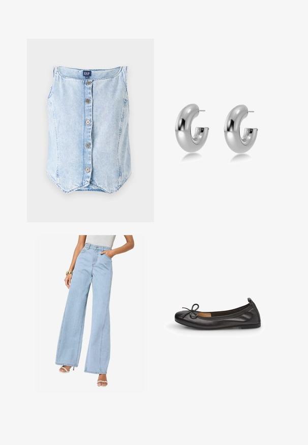 Osvetljeno modro denim brezrokavnik s zaobljenim izrezom, petimi gumbi spredaj in zaobljenim robom za sproščen fit.; Bela kratka majica s kratkimi rokavi iz bombaža. Ima okroglo izrezovanje in sproščen kroj. Gladka tekstura brez vidnih vzorcev ali poudarkov.; Svijetloplave široke traperice s visokim strukom, prednjim džepovima i detaljima centralnog šava; izrađene od denima s mekanom teksturom.; Črne usnjene balerinke z okroglo konico, tankim mašno dekorjem spredaj in elastičnim robom za varen oprijem. Ravna podplat za udobje.; Srebrne, polirane metalne obročaste uške z gladko, zaobljeno obliko in odprto režo spredaj. Imajo zatikanje za varno nošenje.