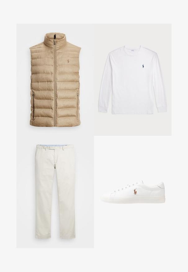 Colete acolchoado bege com colarinho alto, fecho de correr na frente e bolsos laterais. Apresenta um logótipo discreto no peito e um acabamento texturizado.; Camisola de manga longa branca feita de algodão. Apresenta um decote redondo, punhos canelados e um pequeno logótipo de polo azul-marinho no lado esquerdo do peito.; Chinos de algodão bege com frente plana, passantes para cinto e bolsos laterais. Design de perna reta com uma textura suave e uma sensação leve e respirável.; Sapatilhas de couro brancas, design de cano baixo, com textura suave, biqueira redonda, atacadores à frente e um pequeno logótipo bordado na lateral.