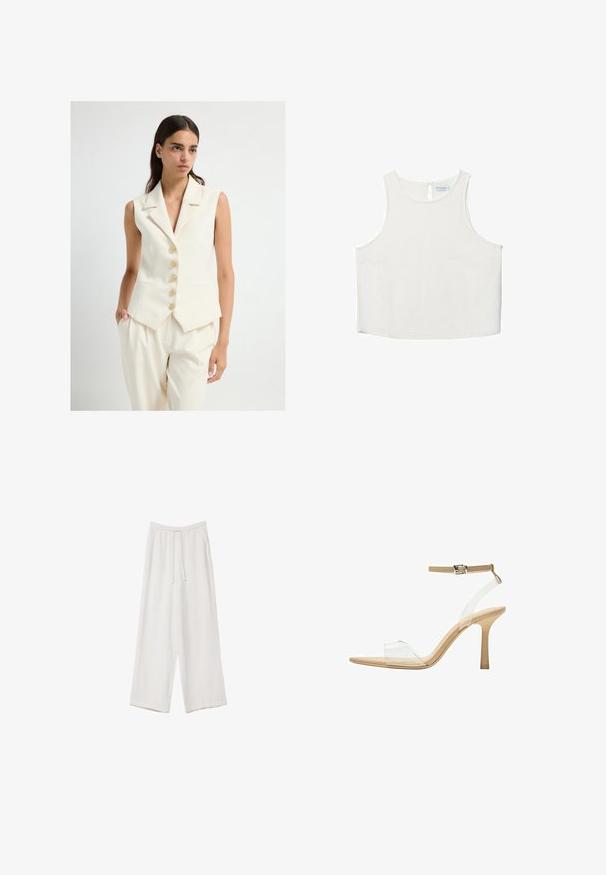 Cremefarvet ærmeløs vest med klippet krave, der har seks guldknapper, to forlommer og en skræddersyet pasform.; Hvid ærmeløs top med rund halsudskæring, der har en subtil tekstur, nøglehulsbagdetalje og lige kant.; Hvide bukser med bred benlængde lavet af et letvægtsstof. Har et elastisk talje med snor og sidelommer. Glat tekstur.; Klart hælet sandal med en gennemsigtig overdel, beige fodseng og en slank ankelrem. Har en spids tå og en tynd høj hæl.