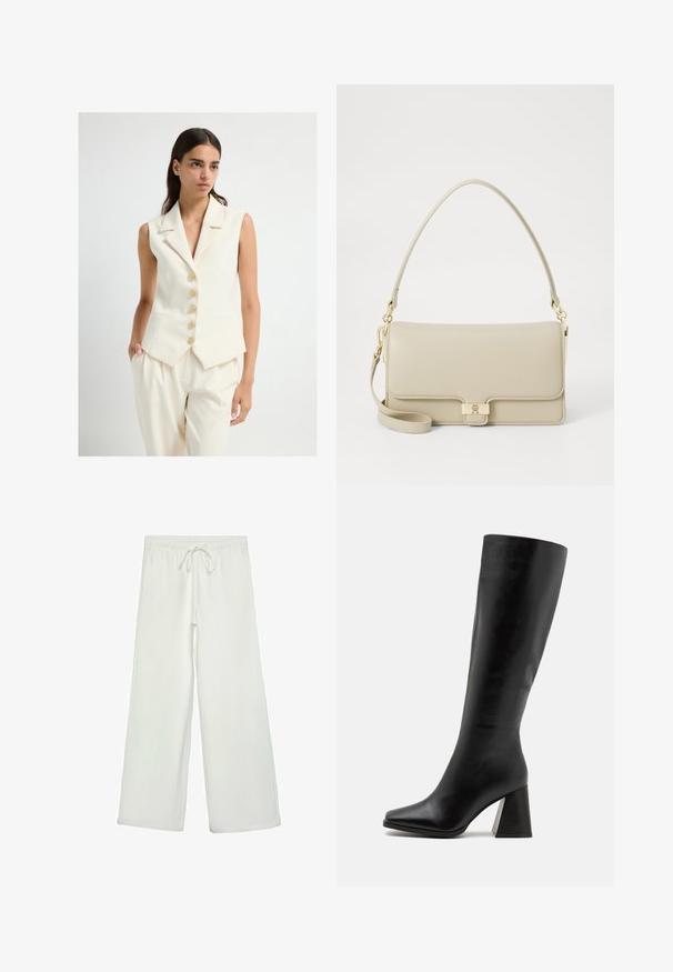 Cremefarvet ærmeløs vest med klippet krave, der har seks guldknapper, to forlommer og en skræddersyet pasform.; Langærmet polo-shirt i creme med horisontale striber i brun og lyseblå. Har en klassisk krave og en tre-knaps knapliste.; Hvide bukser med bred ejer lavet af blødt stof. Har en elastisk talje med snor og en glat tekstur. Ingen synlige mønstre eller hardware.; Sort knæhøje støvler lavet af glat læder, med firkantet tå og en kraftig, tekstureret hæl. Simpelt og strømlinet design.; Beige læderhåndtaske med en struktureret form, guldhardwarelås og en aftagelig skulderrem. Glat tekstur og minimalistisk design.