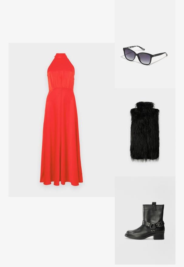 Vest din blană artificială neagră, cu guler înalt și textură lungă, despicată. Croială dreaptă și fără închideri vizibile. Design simplu, modern.; Rochie roșie cu guler halter, cu un bust mulat și fustă fluidă. Țesătură netedă cu o ușoară strălucire, având o talie strânsă și un design lung până la glezne.; Samsøe Samsøe SABRENTA  - Botine cowboy/biker - black; Ochelari de soare negri cu lentile degradate, formă pătrată și un templu cu un model texturat alb-negru. Prezintă un accent cu logo argintiu.; Geantă tote neagră din material sintetic texturat, având două mânere, un placaj cu logo auriu și un etichetă mică cu un detaliu de accent.
