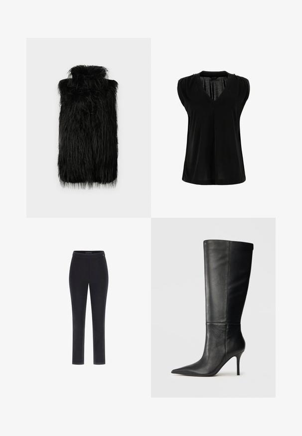 Melnā mākslīgā kažokāda veste ar augstu apkakli un garu, zīdošu tekstūru. Tiešs griezums un bez redzamām aizdares. Vienkāršs, mūsdienīgs dizains.; Melnā bez piedurknēm augšdaļa ar V-veida kakla izgriezumu, izgatavota no gludas auduma. Raksturīgas plecu detaļu krokas un brīvs piegriezums, ar taisnu apakšmali.; Melnas pieguļošas bikses ar gludu tekstūru, taisnas kājas dizainu un platu jostasvietu. Satur mazu logo uz jostasvietas.; Melna ādas zābaks līdz ceļgaliem ar smailu purngalu un smalku stiletto papēdi, gluda tekstūra, sānu profils neitrālā fonā.