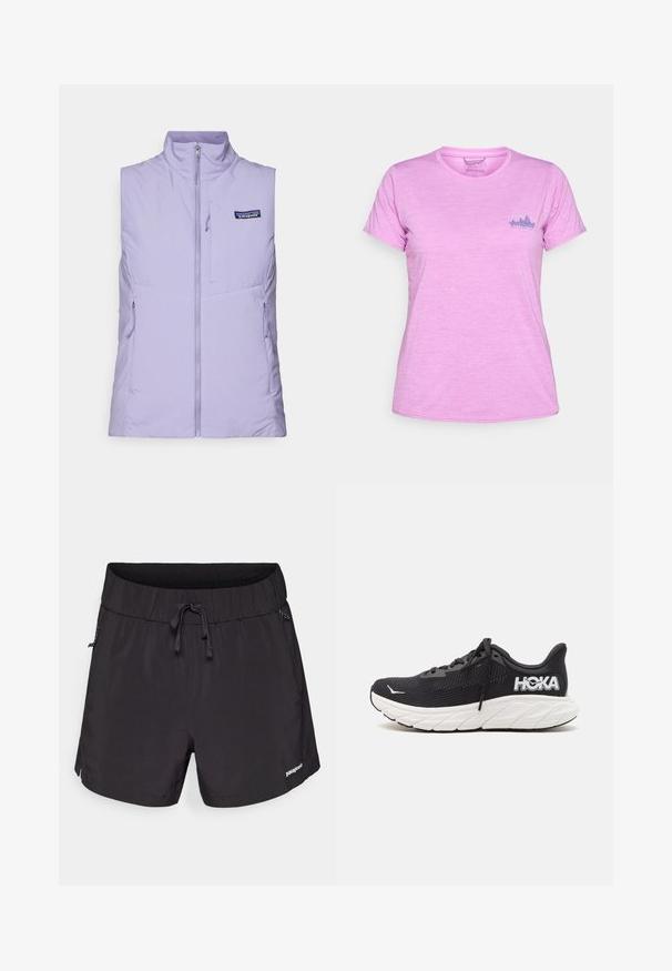 Colete acolchoado lilás com fecho zip na frente, colarinho alto e dois bolsos laterais. Apresenta o logótipo da Patagonia na parte superior esquerda do peito.; Patagonia DAILY GRAPHIC - T-shirt desportiva - brisk purple; Fato de banho preto feito de tecido leve, com uma cintura elástica, cordão e bolsos laterais para maior funcionalidade.; Sapatilha de corrida preta com parte superior em malha, entressola branca e sola texturizada preta. Apresenta o logótipo na lateral e atacadores planos.