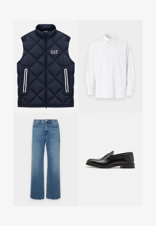 Mornarsko plava, pamučna prsluk bez rukava s prednjim zatvaračem, zatvorenim džepovima i bijelim EA7 Emporio Armani logotipom na prsima.; Bijela košulja s gumbima i ovratnikom, s suptilnim vertikalnim prugama, dugim rukavima, džepom na prsima i klasičnim zaobljenim rubom.; Široke plave traperice od denima s izblijeđenim završetkom. Imaju pet džepova, prednje kopčanje na gumb i ravni kroj.; Crni kožni mokasini s glatkom teksturom, zaobljenim prstima i ukrasnom trakom preko prednjeg dijela. Niski slojeviti potplat, minimalistički dizajn.