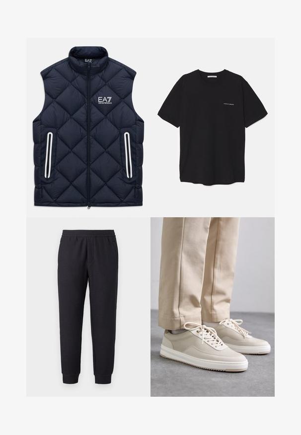 Mornarsko plava, pamučna prsluk bez rukava s prednjim zatvaračem, zatvorenim džepovima i bijelim EA7 Emporio Armani logotipom na prsima.; Crna pamučna majica s okruglim izrezom, kratkim rukavima i bijelim logotipom otisnutim na lijevoj strani prsnog koša. Jednostavan dizajn u jednoj boji.; Crne suknje od trenirke koje se sužavaju, s elastičnim pojasom i manžetama, s diskretnim teksturiranim uzorkom i bočnim džepovima.; Bež tenisice s teksturiranom gornjom površinom, bijelim potplatima i šivenim detaljima, u kombinaciji s bež hlačama, prikazane na sivoj podlozi.