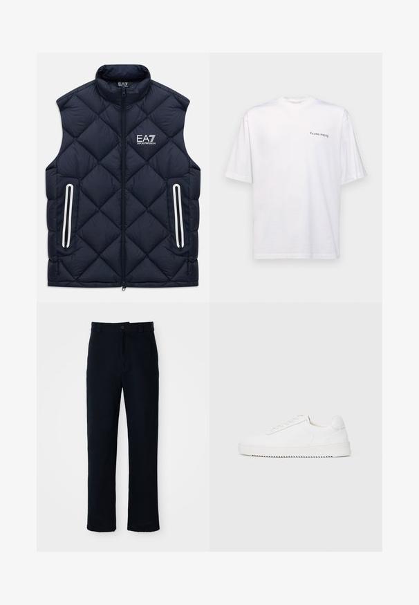 Mornarško modra prešita brezrokavna jakna s sprednjim zadrgo, žepi na zadrgo in belim logotipom EA7 Emporio Armani na prsih.; Bela kratka majica s kratkimi rokavi iz bombaža z V-izrezom, ki vsebuje črn logotip "FILLING PIECES" natisnjen na levi strani.; Temno modri hlače iz bombaža, s ravnim krojem, sprednjim gumbom in klasičnim pasom z zankami za pas.; Bela teniska z gladkim usnjenim zgornjim delom, okroglim nosom, vezalkami, teksturiranimi stranskimi poudarki in debelim gumijastim podplatom. Minimalističen dizajn.