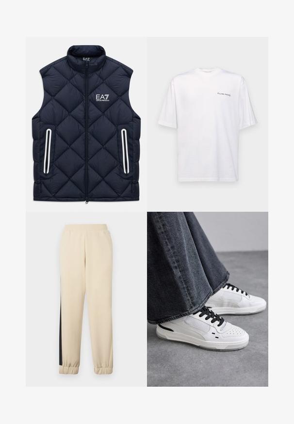 Tamsiai mėlynas kviltuotas be rankovių liemenė su priekiniu užtrauktuku, užtrauktukinėmis kišenėmis ir balta EA7 Emporio Armani logo ant krūtinės.; Baltas trumpas rankovės marškinėliai iš medvilnės su v-kaklu, su juodu "FILLING PIECES" logotipu, spausdintu kairėje pusėje.; Kremo spalvos sportinės kelnės su juodomis šoninėmis juostelėmis, elastingu juosmeniu ir ribotu rankogaliu. Minkšta medžiaga, laisvas siluetas.; Balsuoti baltieji sportbačiai su juodomis raištelėmis ir tinklo detalėmis. Turintys lygią odinę viršutinę dalį ir tekstūruotą gumos padą. Su plačiais pilkais džinsais.