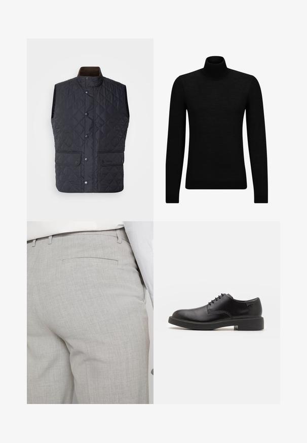 Vest matlasat de culoare bleumarin, cu guler înalt, nasturi tip capse și două buzunare frontale. Are o textură netedă și un design clasic, izolat.; Pulover negru cu guler înalt, realizat dintr-un material moale, cu mâneci lungi și o croială ajustată. Tiv și mansete cu margine ondulată. Design simplu.; Pantaloni gri deschis croiți, dintr-un material texturat, cu un singur buzunar pe spate și cusături curate.; Pantofii din piele neagră, cu șireturi, au vârful rotunjit, o textură netedă, cusături minime și un toc de cauciuc scăzut. Logo pe toc.