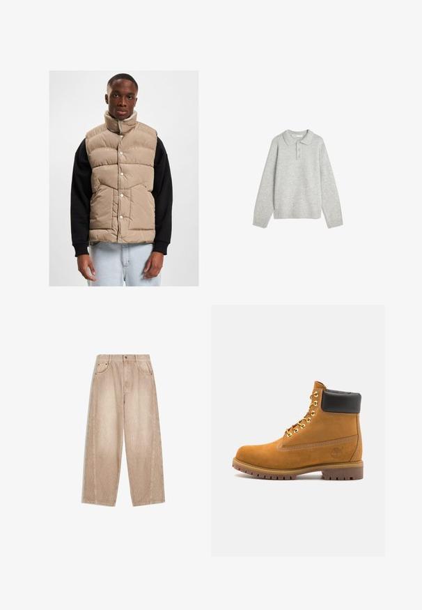 Béžová puffová vesta s vysokým golierom, cvokovými gombíkmi a prešívaným dizajnom. Nosí sa overom čiernej dlhé rukávy košele, vystavená na neutrálnom pozadí.; Sivý pletený sveter s golierom, tromi prednými gombíkmi a ribovaný dolný okraj. Tkanina vyzerá jemne a textúrovo, s uvoľneným strihom.; Bežové kordové nohavice s širokými nohavicami a vertikálnym ryhovaním, s prednými vreckami, pútkami na opasok a zipsom s gombíkovým zapínaním.; Tyrkysové semišové členkové topánky s čiernym polstrovaným golierom, zlatými kovovými očkami, bielym prešívaním a robustnou gumovou podrážkou s výraznými drážkami.