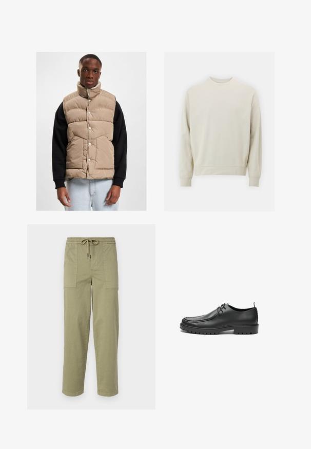 Vest puf din bej cu guler înalt, nasturi tip snap și design matlasat. Purtați peste o bluză cu mâneci lungi neagră, expus pe un fundal neutru.; Sweatshirt bej deschis, realizat dintr-un material moale, cu guler rotund, mâneci lungi și manșete și tiv din țesătură elastică. Design minimalist, fără modele vizibile.; Pantaloni de culoare verde măslin deschis, confecționați dintr-un amestec de bumbac, cu un tiv elastic și șnur, și două buzunare laterale mari.; Pantofi negri din piele, cu finisaj neted, vârf rotund și cusături decorative. Prezintă o talpă din cauciuc cu caneluri pentru aderență și un design cu șireturi.