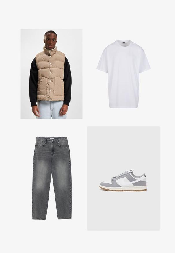 Beige Steppweste mit hohem Kragen, Druckknöpfen und gestepptem Design. Trägt man über einem schwarzen Langarmshirt, vor einem neutralen Hintergrund gezeigt.; Weiße Baumwoll-T-Shirt mit kurzen Ärmeln, rundem Ausschnitt, lockerer Passform und ohne sichtbare Logos oder Muster. Glatte Textur und minimalistisches Design.; Hoch taillierte, locker sitzende Jeans aus verwaschenem schwarzem Denim. Verfügt über fünf Taschen, Gürtelschlaufen und ein sauberes, gerades Bein-Design.; Graue und weiße Sneaker mit einem Obermaterial aus Wildleder und Leder, abgerundeter Spitze, flachen Schnürsenkeln und einer Gummisohle mit einem Kautschukakzent.