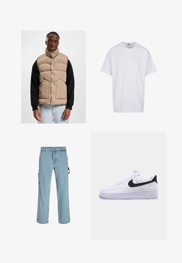 Gilet imbottito beige con colletto alto, bottoni a pressione e design trapuntato. Indossato sopra una maglietta nera a maniche lunghe, esposto su uno sfondo neutro.; Maglietta bianca in cotone con maniche corte, scollatura rotonda, vestibilità comoda e senza loghi o motivi visibili. Texture liscia e design minimale.; Pantaloni cargo in denim azzurro chiaro con una vestibilità rilassata, dotati di anelli laterali e tasche frontali, caratterizzati da una texture sbiadita.; Sneaker bianca in pelle con un Swoosh nero testurizzato, lacci piatti e una suola in gomma con un motivo a righe. "AIR" è impresso sul tallone.