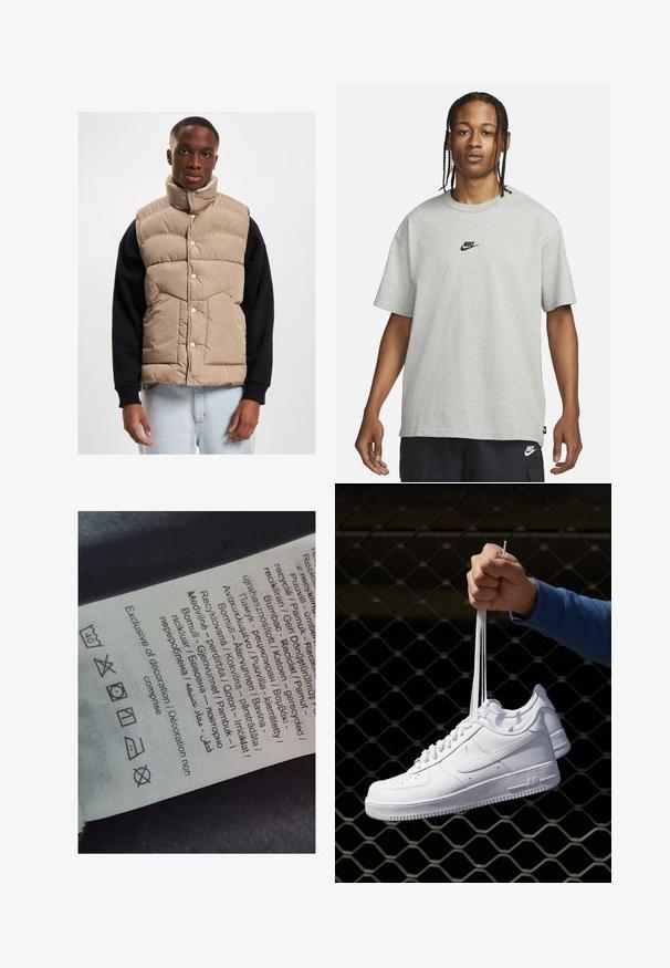 Beige pufferväst med hög krage, tryckknappar och quiltat mönster. Bärs över en svart långärmad skjorta, visad mot en neutral bakgrund.; Ung person med flätat hår iklädd en ljusgrå Nike T-shirt och svarta Nike-shorts framför en enkel vit bakgrund.; Etikett med flerspråkig text, vårdsymboler och återvinningsikoner, tryckt på ett mjukt tygliknande material i ljus färg.; Vita lädersneakers med perforeringar, rund tå, platt sula och tjocka snörning, med en synlig swoosh-logga och "AIR" på hälen.
