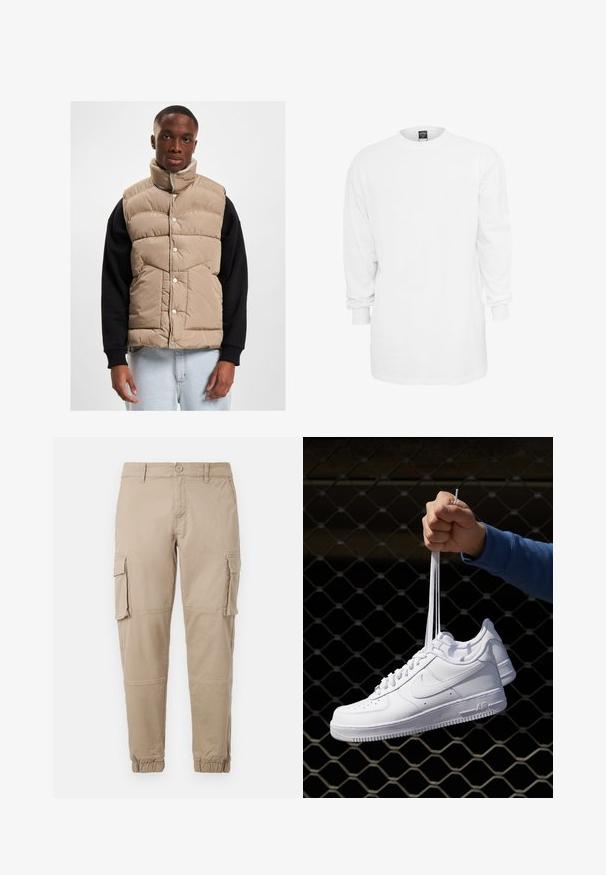 Gilet imbottito beige con colletto alto, bottoni a pressione e design trapuntato. Indossato sopra una maglietta nera a maniche lunghe, esposto su uno sfondo neutro.; Maglietta a maniche lunghe bianca in cotone con scollo rotondo, vestibilità ampia e polsini a costine. Design semplice, senza grafiche o motivi.; Pantaloni cargo beige in un leggero cotone. Presentano polsini elasticizzati, molteplici tasche laterali e una chiusura con bottone.; Sneakers in pelle bianca con perforazioni, punta rotonda, suola piatta e lacci spessi, con logo swoosh visibile e "AIR" sul tallone.