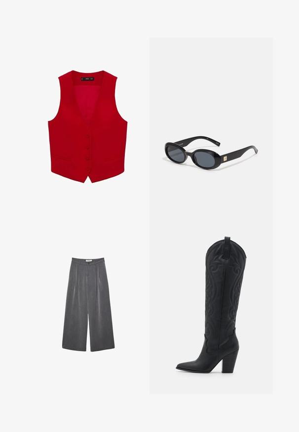 Gilet rosso senza maniche con scollatura a V profonda, chiusura con cinque bottoni e due tasche laterali. Realizzato in tessuto liscio di un colore uniforme.; VILA VIVIGGA CONTRAST - Maglione - dark grey/black; Pantaloni ampi a pieghe in tessuto grigio scuro con una sottile texture. Presentano una chiusura con bottone e un design della vita classico.; Zign Stivali texani / biker - black; Occhiali da sole ovali neri con lenti scure, montatura in plastica lucida, aste larghe e un piccolo accent in oro su un lato.; Borsa a secchiello in pelle nera con chiusura a cordoncino, caratterizzata da un logo "CK" lucido sulla parte anteriore e dettagli in hardware dorato.