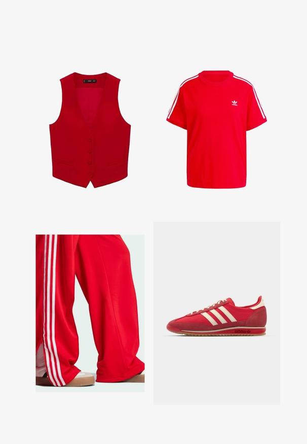 Červená bezrukávová vesta s hlbokým výstrihom do V, zapínaním na päť gombíkov a dvomi bočnými vreckami. Vyrobená z hladkej tkaniny v jednofarebnom prevedení.; Červené bavlnené tričko s okrúhlym výstrihom, krátkymi rukávmi, bielymi trojprúžkovými akcentmi na pleciach a malým bielym logom na hrudi.; Červené teplákové nohavice s bielymi pruhmi po stranách, vo voľnom strihu a so zipsom na spodnej časti. Nosené s svetlými športovými topánkami.; Červená športová teniska s textúrovaným zvrškom, tromi bielymi pruhmi, okrúhlou špičkou a gumovou podrážkou s logom na strane.