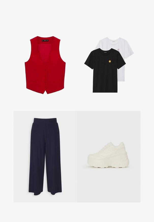 Vest roșu fără mâneci, cu decolteu adânc în V, închidere cu cinci nasturi și două buzunare laterale. Fabricat dintr-un material neted, într-o culoare uniformă.; Tricouri alb-negru, cu gât rotund, mâneci scurte. Cămășile negre au broderie cu soare galben; cele albe au un accent cu lună crescută violet.; Pantaloni cu croi larg din țesătură de culoare bleumarin închis, cu un model texturat. Prezintă un brâu neted și o siluetă fluidă, ajungând până la jumătatea gambei.; Adidași platformă albi, cu un superior neted asemănător cu pielea, formă rotunjită, guler căptușit și talpă din cauciuc texturată cu borduri bine definite.