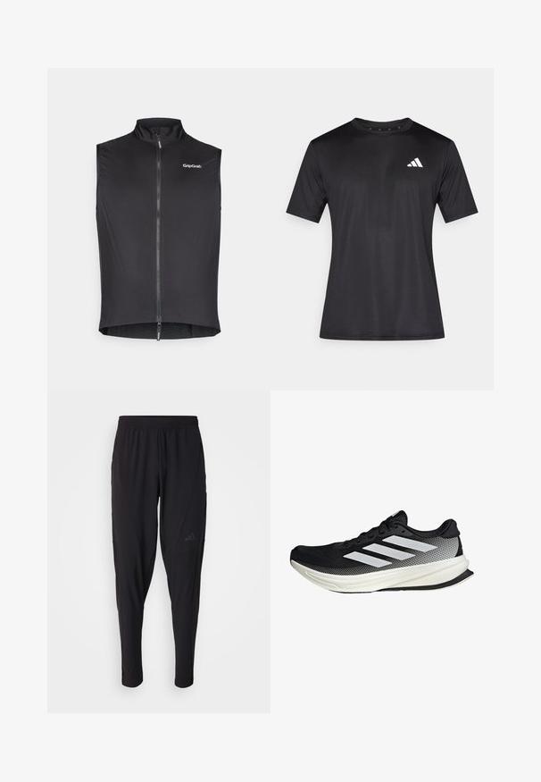 Black cycling vest with a high collar, front zipper, lightweight material, and GripGrab logo on the upper left side. Smooth texture.; Black athletic t-shirt made of lightweight mesh fabric, featuring short sleeves and a white logo on the left chest area.; Black athletic pants with an elastic waistband, tapered design, side pockets, and subtle logo detail. Made from flexible, breathable fabric.; Black athletic shoe with a mesh design, featuring white stripes, a rounded toe, and a textured sole for grip and support.