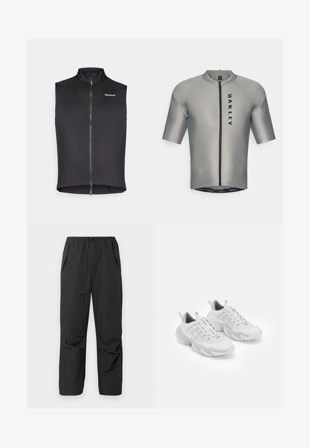Crni biciklistički prsluk s visokim ovratnikom, prednjim patentnim zatvaračem, laganim materijalom i GripGrab logom na gornjoj lijevoj strani. Glatka tekstura.; Majica za biciklizam s kratkim rukavima od glatkog sivog materijala s prednjim zatvaračem, s crnim logom "OAKLEY" i uskim krojem.; Crne, lagane hlače s elastičnom stražnjom, bočnim džepovima i opuštenim krojem. Glatka tekstura, bez vidljivih uzoraka ili akcenata.; Bijele atletske cipele s mrežastom gornjištu, siva akcenta, teksturirana gumena potplat i trake na peti; imaju dizajn s vezicama.