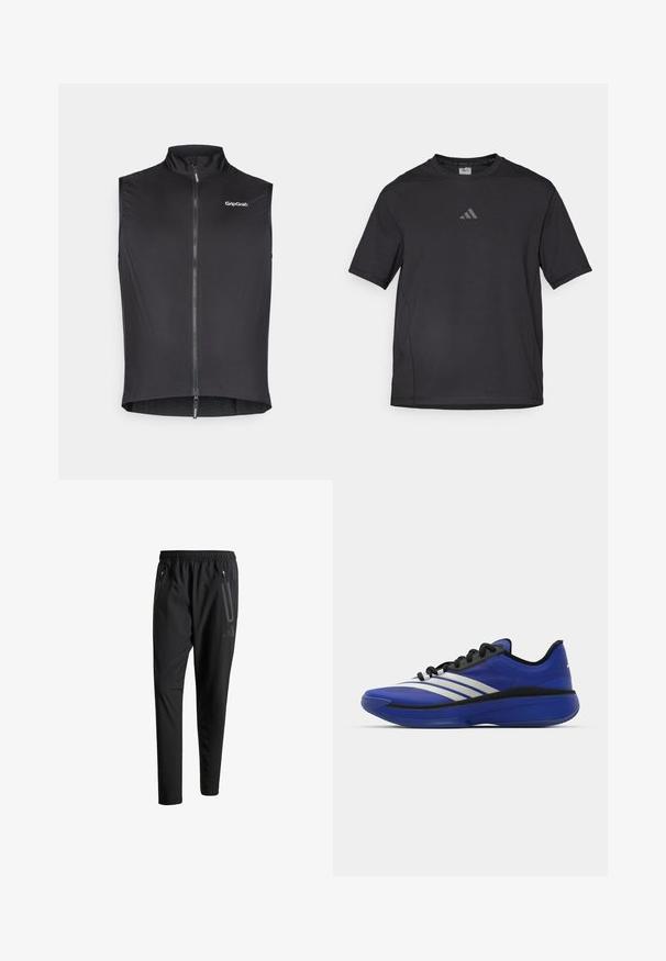 Čierny cyklistický zest s vysokým golierom, predným zipsom, ľahkým materiálom a logom GripGrab na hornej ľavej strane. Hladká textúra.; Čierne atletické tričko vyrobené z priedušného materiálu, s krátkymi rukávmi, okrúhlym výstrihom a reflexným logom na hrudi.; Čierne športové nohavice s elastickým pásom, dvoma bočnými zipsovými vreckami, zužujúcimi sa nohavicami a nenápadným detailom loga na bokoch.; adidas Performance ADIZERO SELECT 3.0 - Basketbalová obuv - lucid blue/core black/metallic
