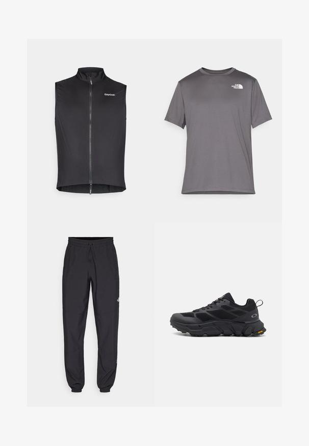 Svart sykkelvest med høy krage, frontglidelås, lett materiale og GripGrab-logo på øvre venstre side. Glatt tekstur.; Grå kortermet treningst-skjorte laget av glatt, lett stoff. Har en hvit logo på venstre brystområde. Rund halsdesign.; Sorte idrettsbukser laget av lett stoff, med snor i livet, sidelommer og smale mansjetter ved anklene.; Svarte sportssko med en kraftig såle, mesh- og syntetisk overdel, teksturerte detaljer og Vibram-merket på sålen.