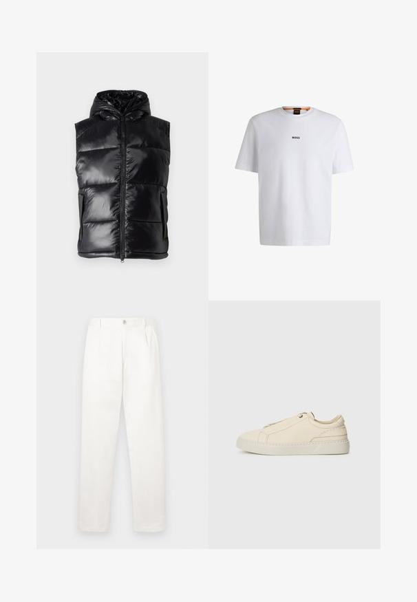 Black puffer vest with a shiny finish, hooded design, front zipper, and two side pockets. Quilted pattern for added texture.; White cotton T-shirt with short sleeves, featuring a black "BOSS" logo centered on the chest and a round neck design.; White trousers made from smooth fabric, featuring a straight leg design, front pleats, and a single button closure at the waist.; Beige leather sneaker with a rounded toe, minimalistic design, subtle stitching details, and a textured upper, on a light sole.