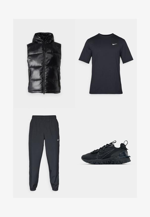 Melns pūkains bezrūts vestes ar spīdīgu apdari, ar kapuci, priekšējo rāvējslēdzēju un divām sānu kabatām. Tīkla raksts papildu tekstūrai.; Melnas īsām piedurknēm Nike t-krekls, izgatavots no gludas auduma, ar baltu swoosh logotipu augšējā kreisajā pusē, apaļu kakla izgriezumu.; Melnas sporta bikses, izgatavotas no viegla auduma, ar elastīgu jostasvietu, potīšu malām un diskretu Nike logo kreisajā pusē.; Melnas sporta kurpes ar elpojošu sieta augšdaļu, teksturētām akcentiem un viļņotu gumijas zoli. Iekļauj atstarojošu logotipu un šņorēšanas sistēmu.